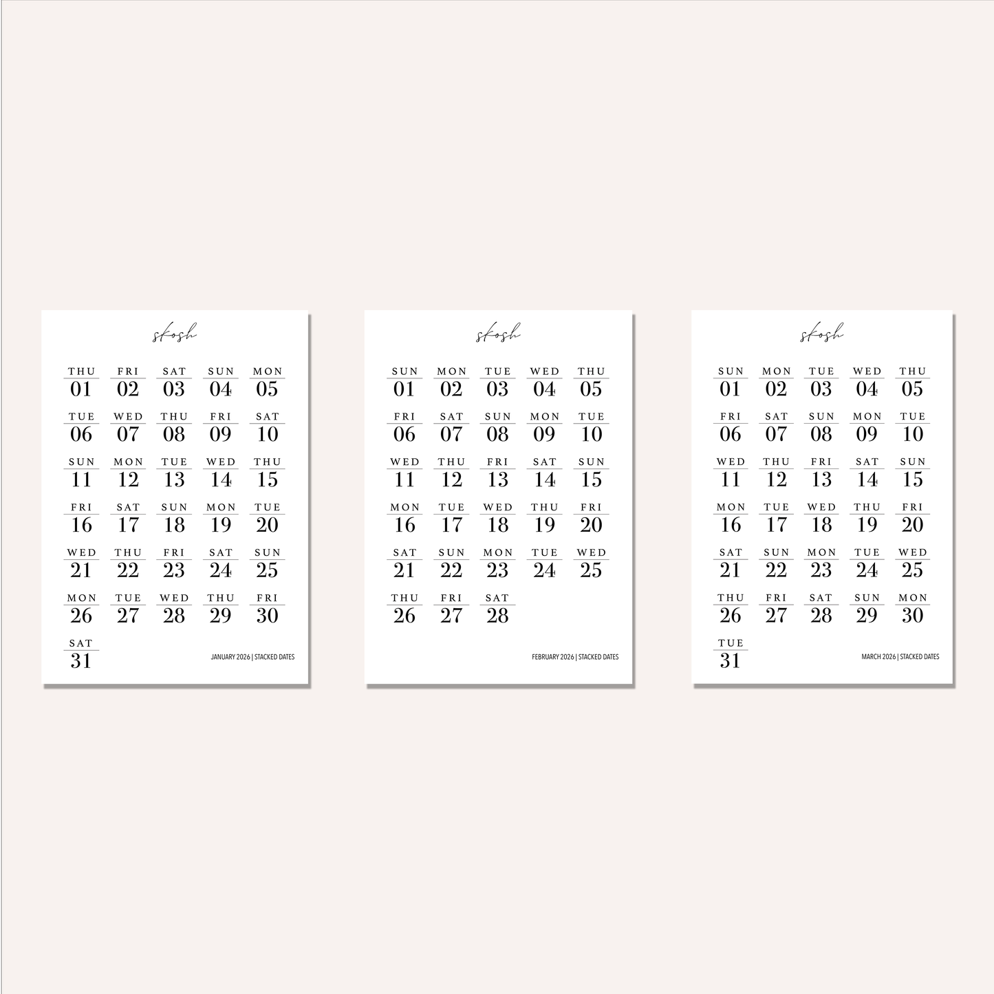 2026 Stacked Dates and Days of the Week Bundles