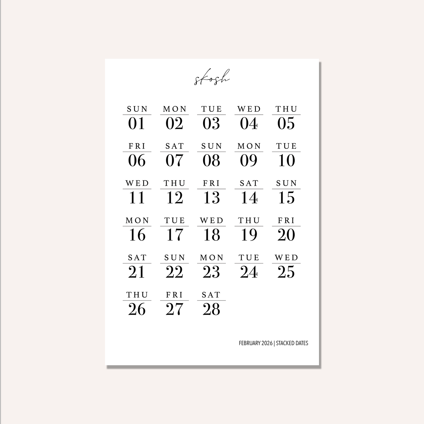 2026 Stacked Dates and Days of the Week