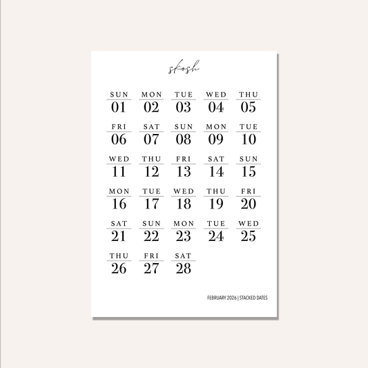 2026 Stacked Dates and Days of the Week