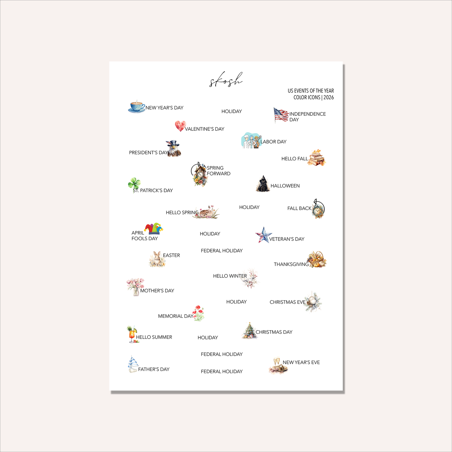 2026 Tiny Events & Holidays Stickers with Icons