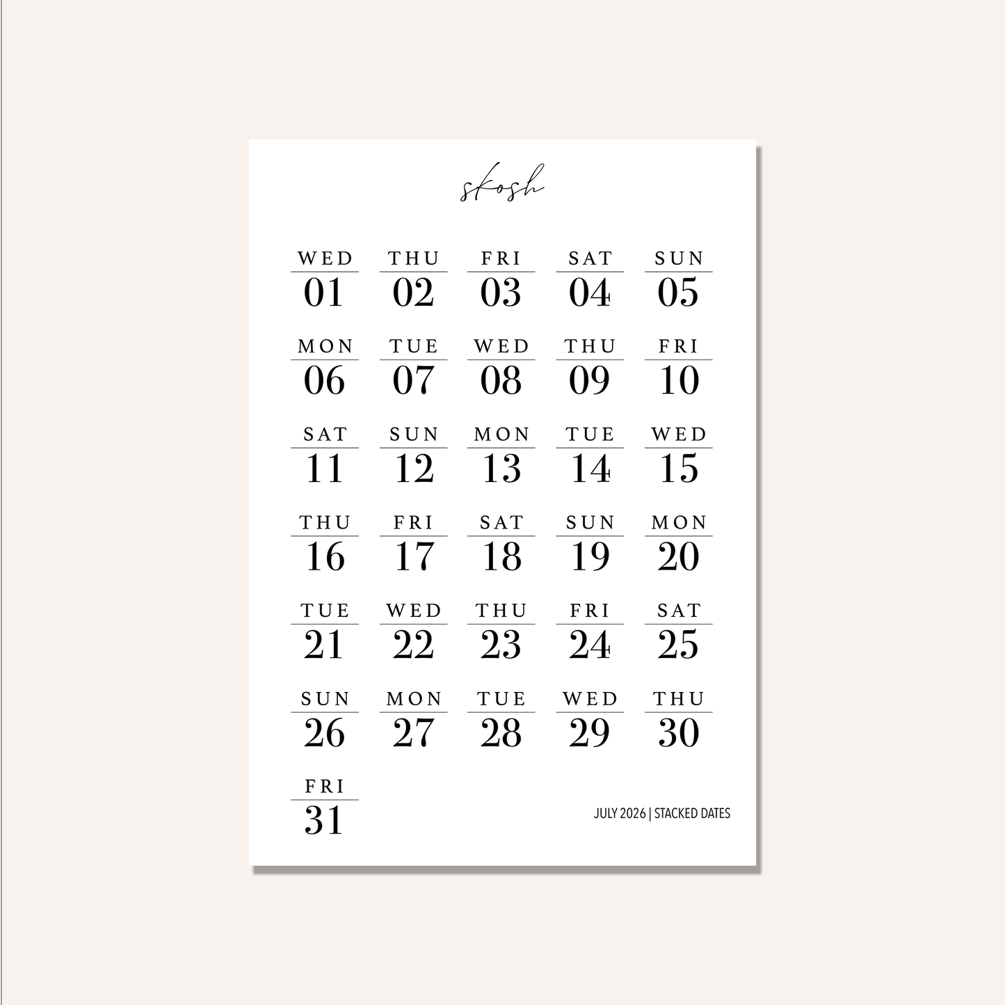 2026 Stacked Dates and Days of the Week