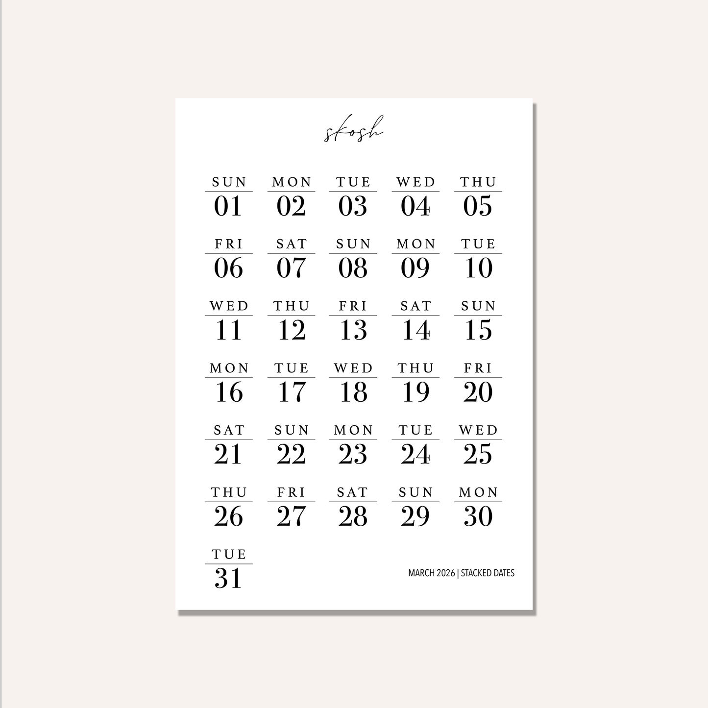 2026 Stacked Dates and Days of the Week