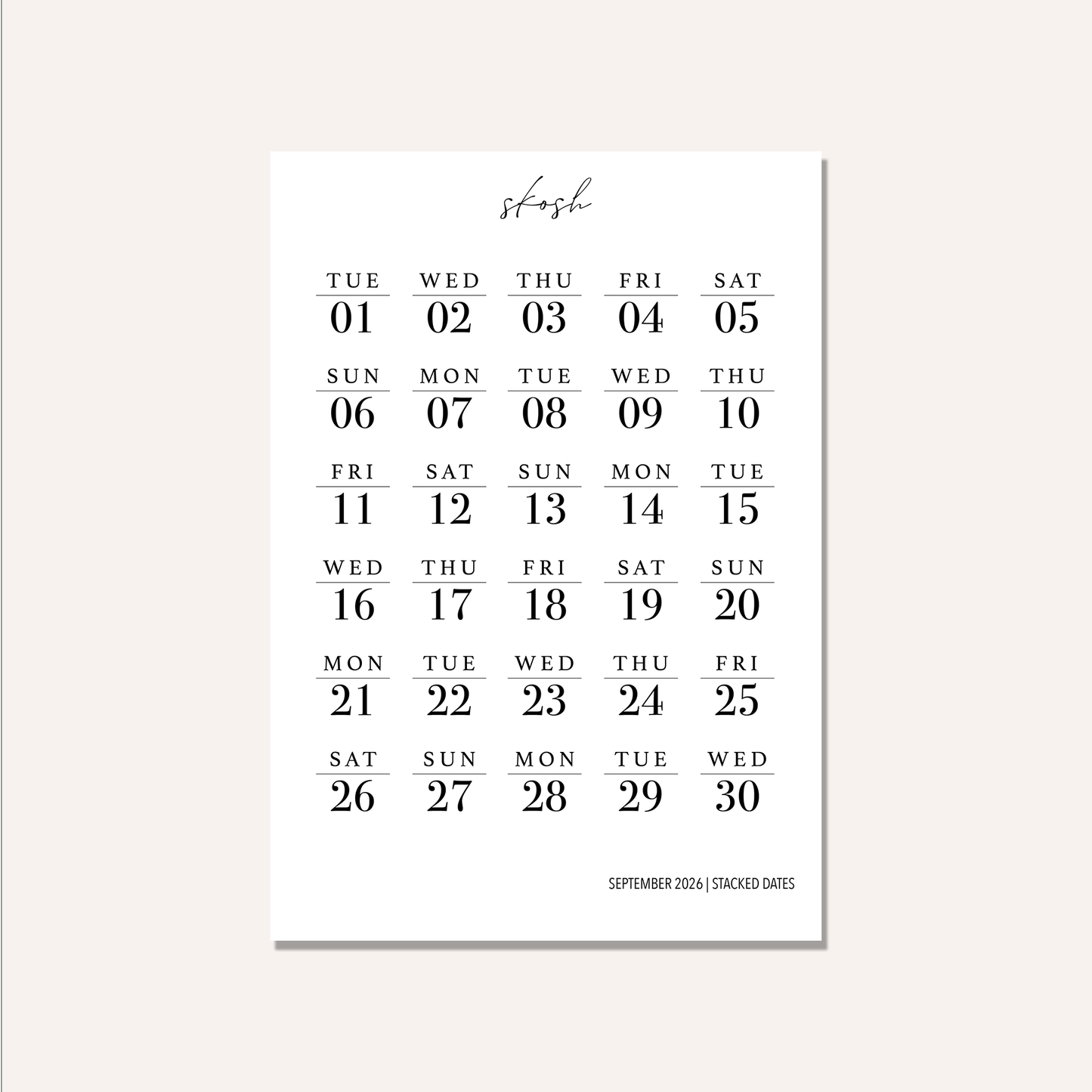 2026 Stacked Dates and Days of the Week