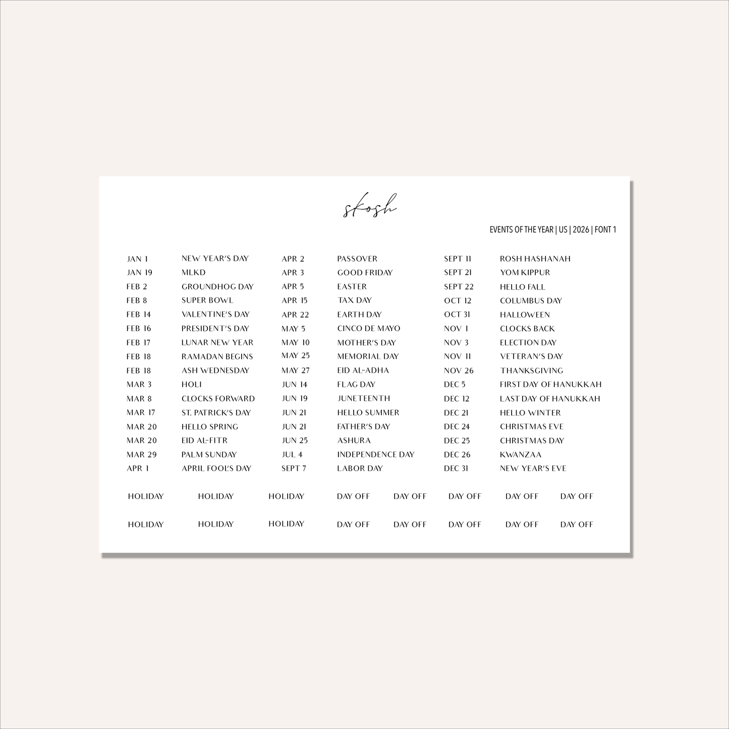 2026 Tiny Typography Events & Holidays Stickers