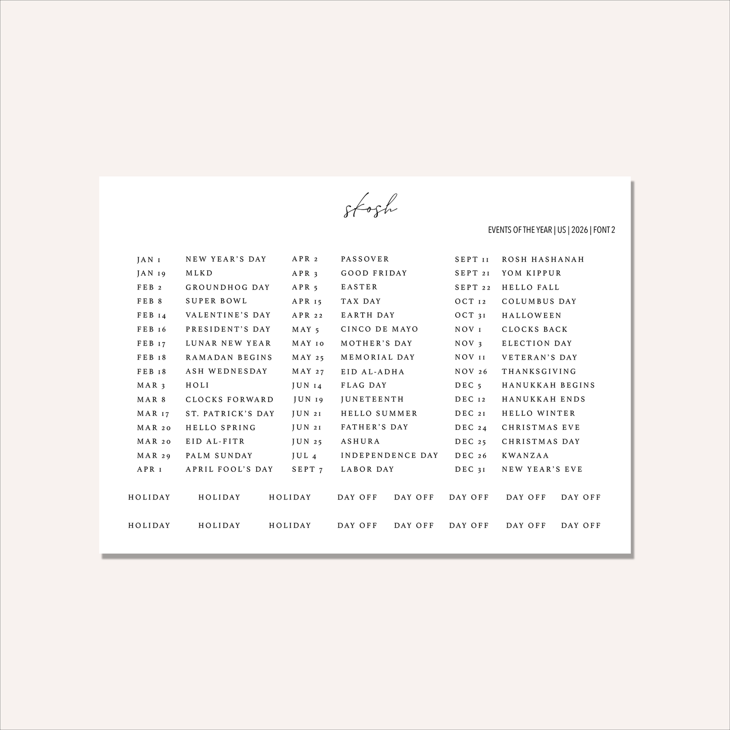 2026 Tiny Typography Events & Holidays Stickers