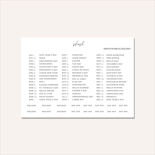 2026 Tiny Typography Events & Holidays Stickers