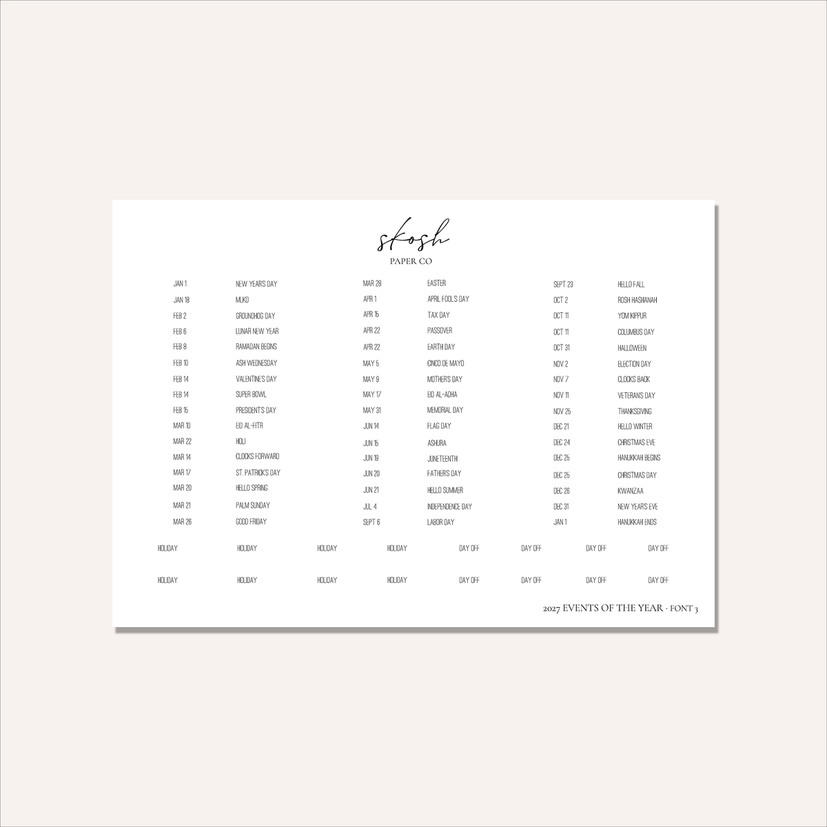 2027 Tiny Events & Holidays Stickers