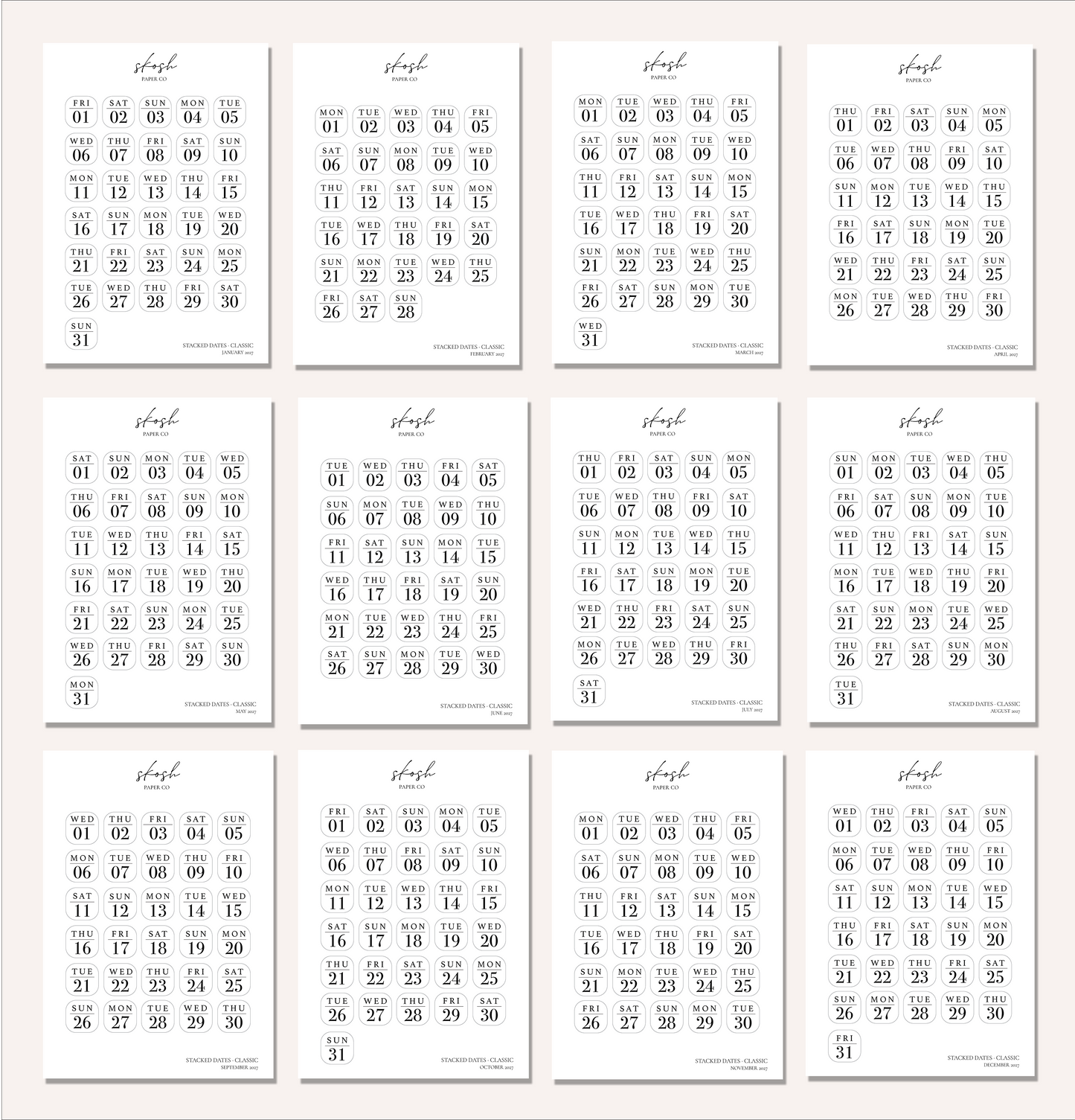 2027 Stacked Dates and Days of the Week Bundles
