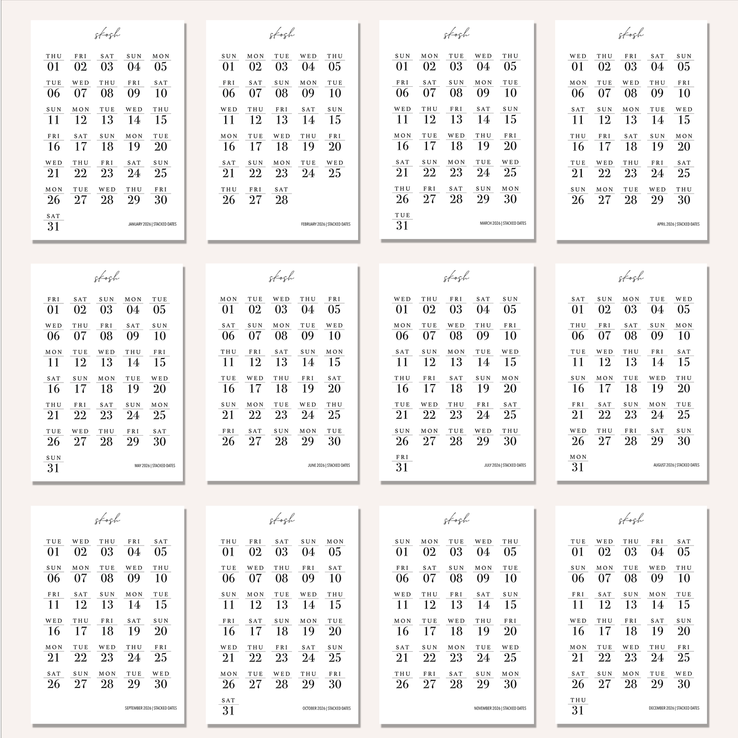 2026 Stacked Dates and Days of the Week Bundles
