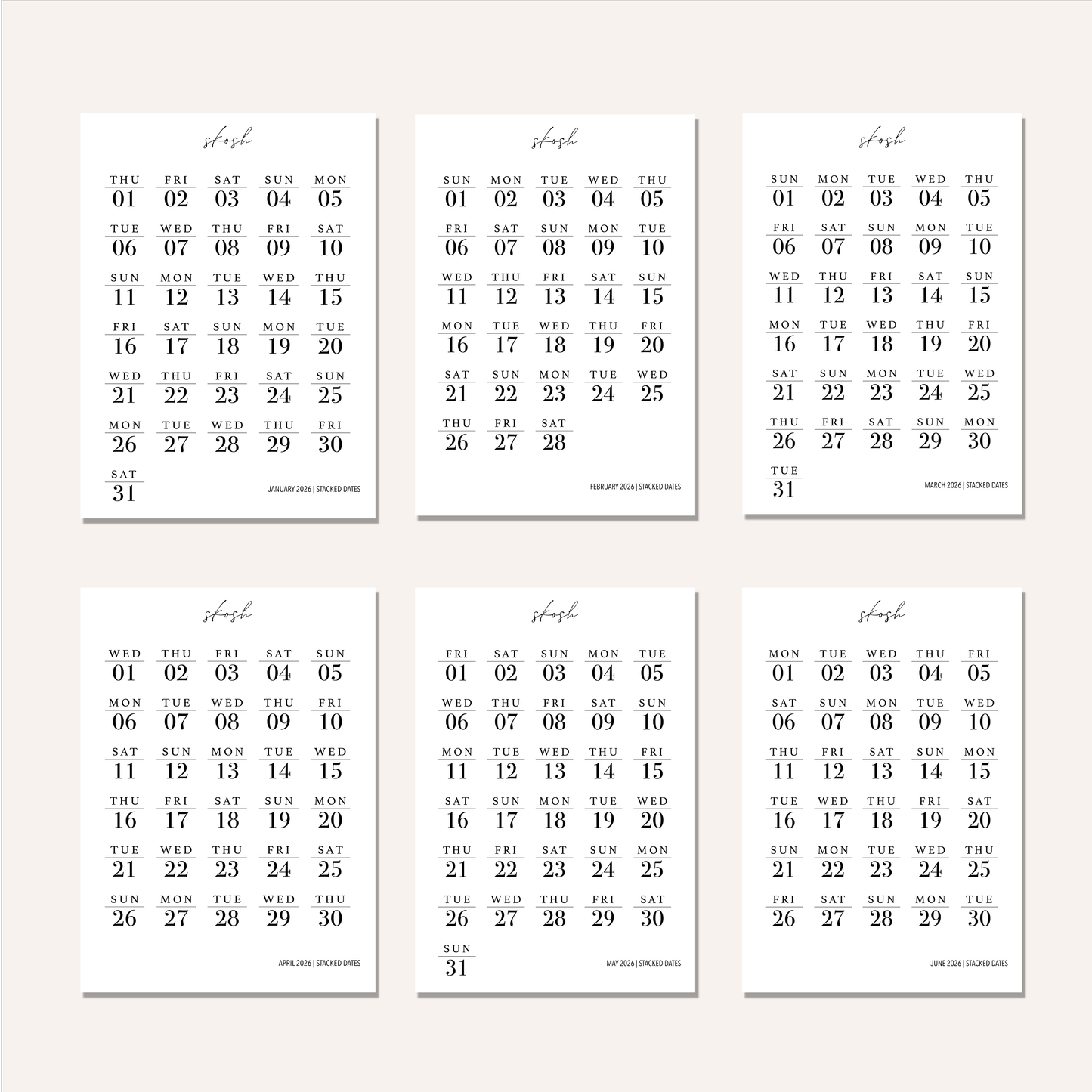 2026 Stacked Dates and Days of the Week Bundles