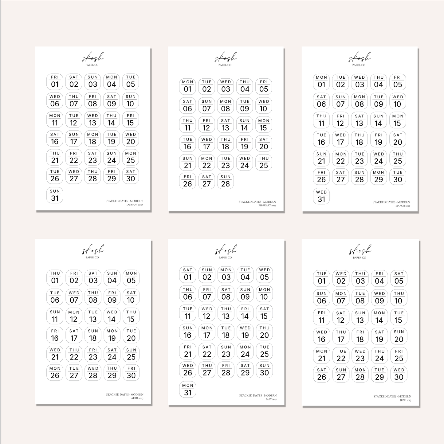 2027 Stacked Dates and Days of the Week Bundles