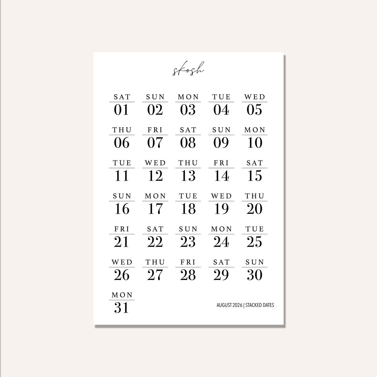 2026 Stacked Dates and Days of the Week