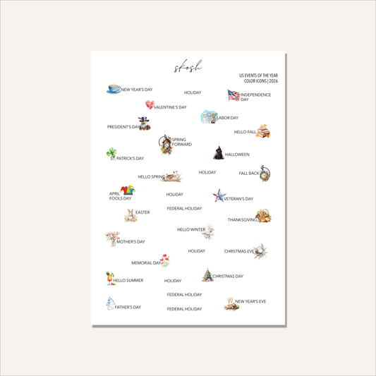 2026 Tiny Events & Holidays Stickers with Icons