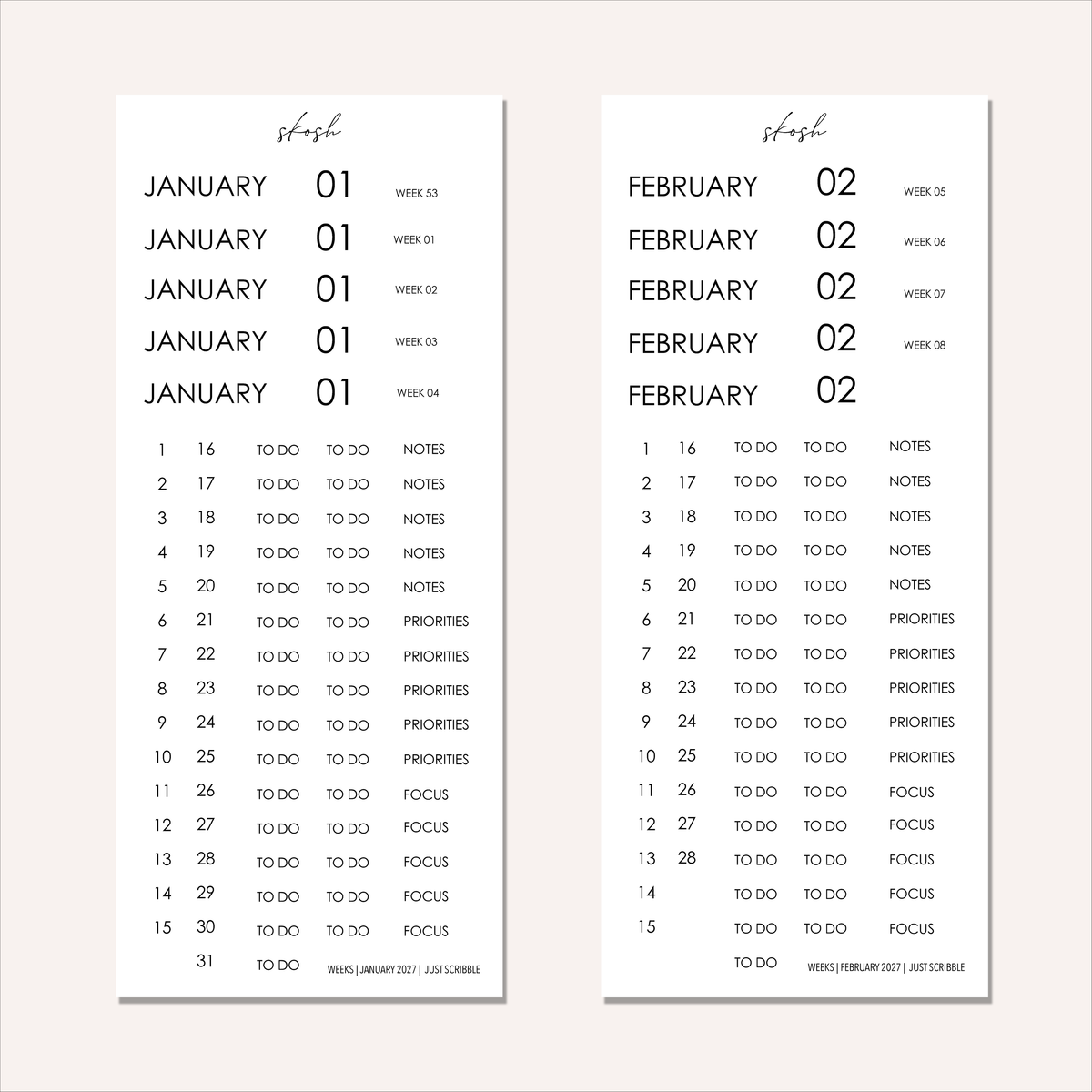 Just Scribble Weekly Focus | Individual Sheets 2027