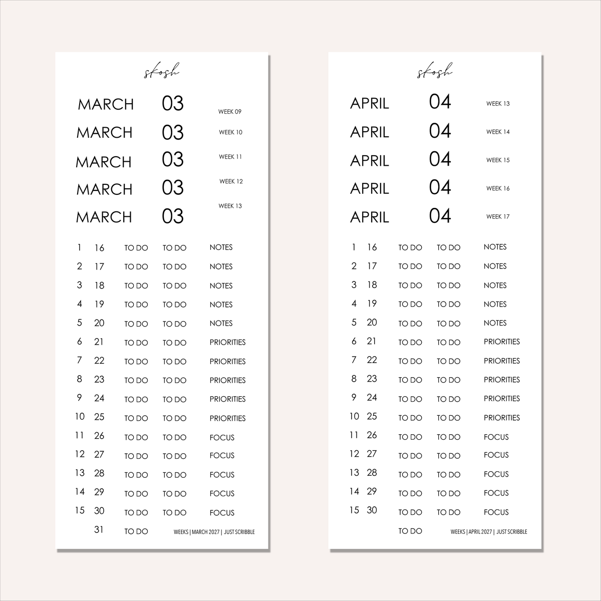 Just Scribble Weekly Focus | Individual Sheets 2027