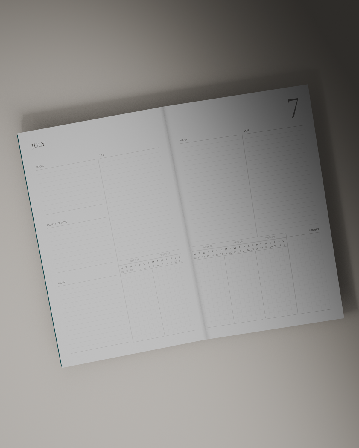 Weekbook 2027 monthly planning dashboard with space for work, life, priorities, Red Letter Days and notes