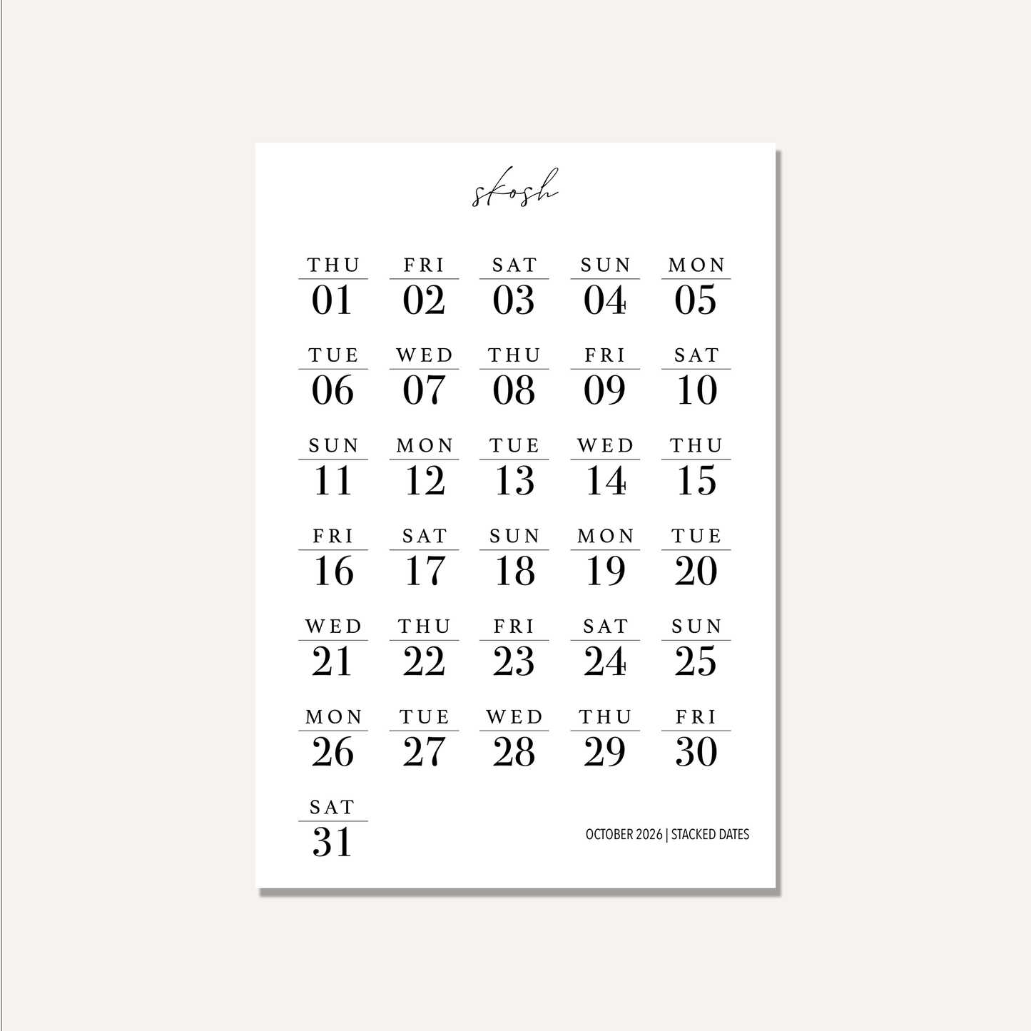 2026 Stacked Dates and Days of the Week