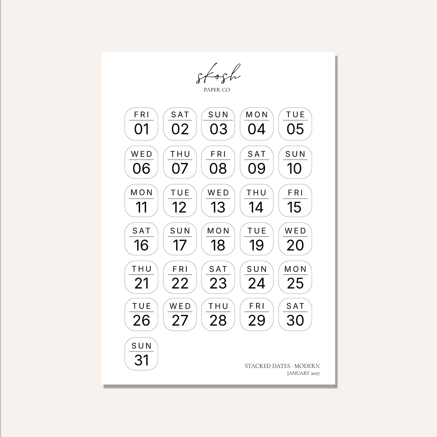 2027 Stacked Dates and Days of the Week