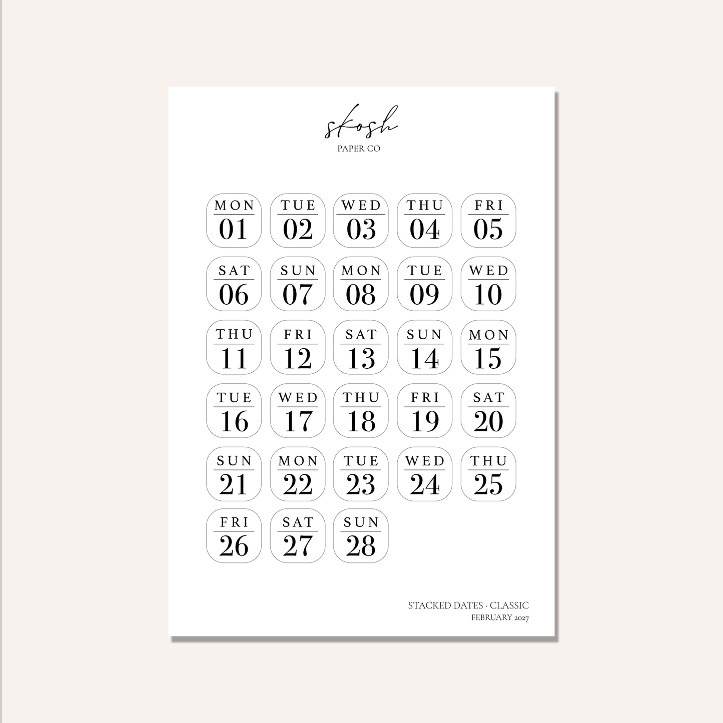 2027 Stacked Dates and Days of the Week