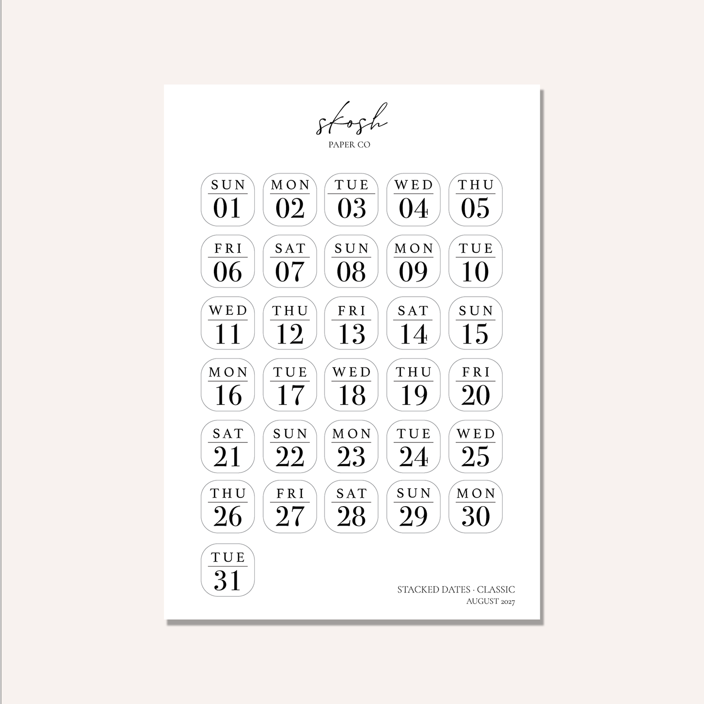 2027 Stacked Dates and Days of the Week