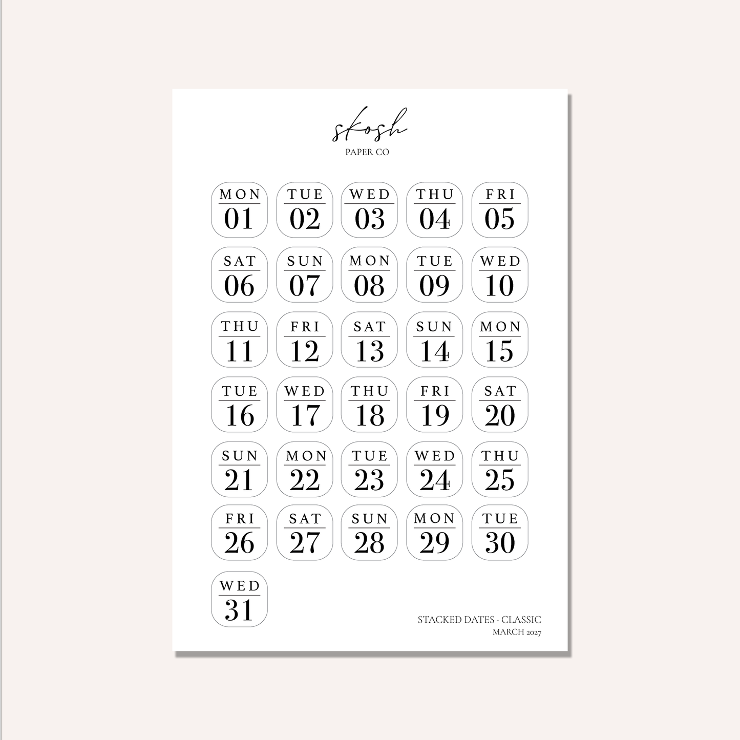 2027 Stacked Dates and Days of the Week