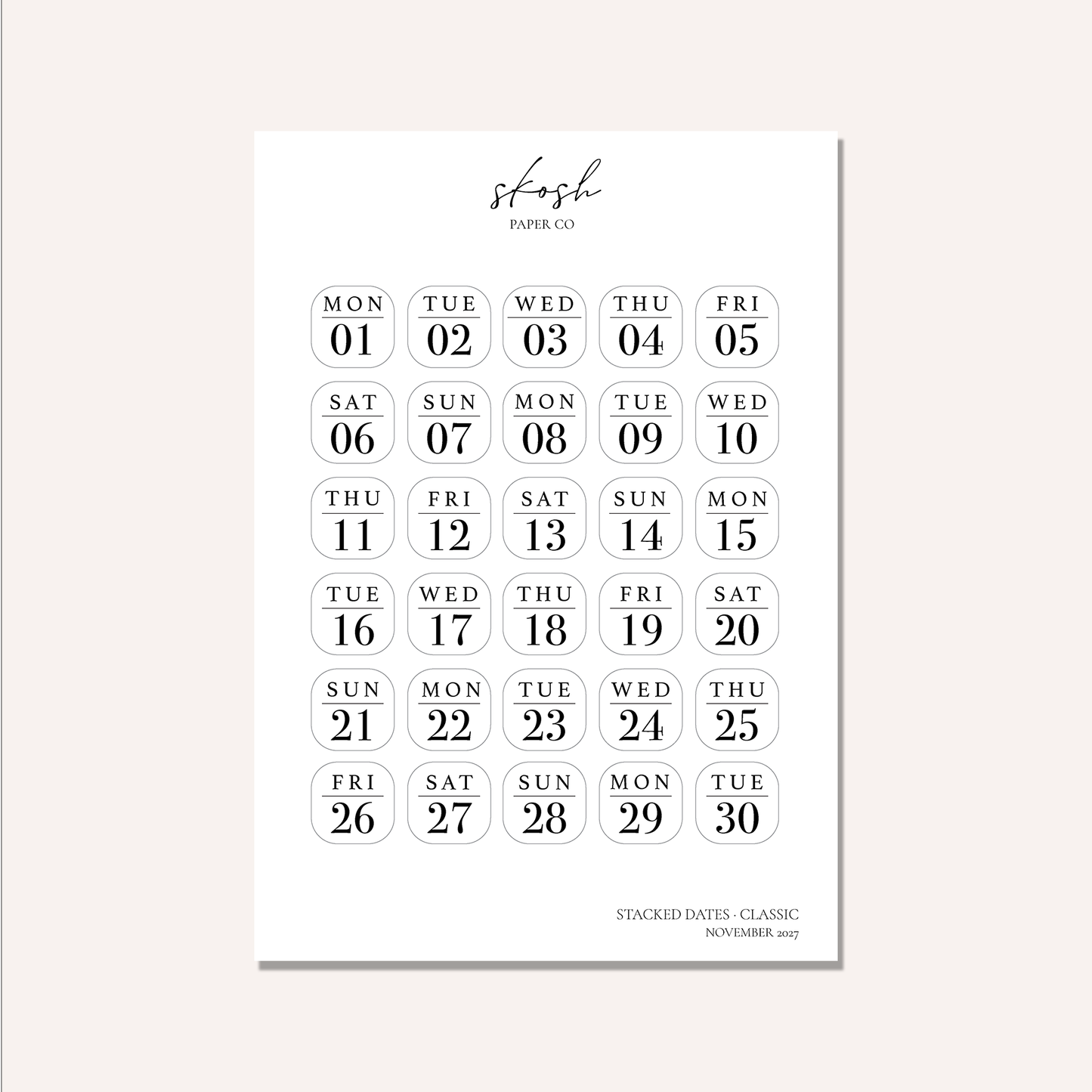 2027 Stacked Dates and Days of the Week