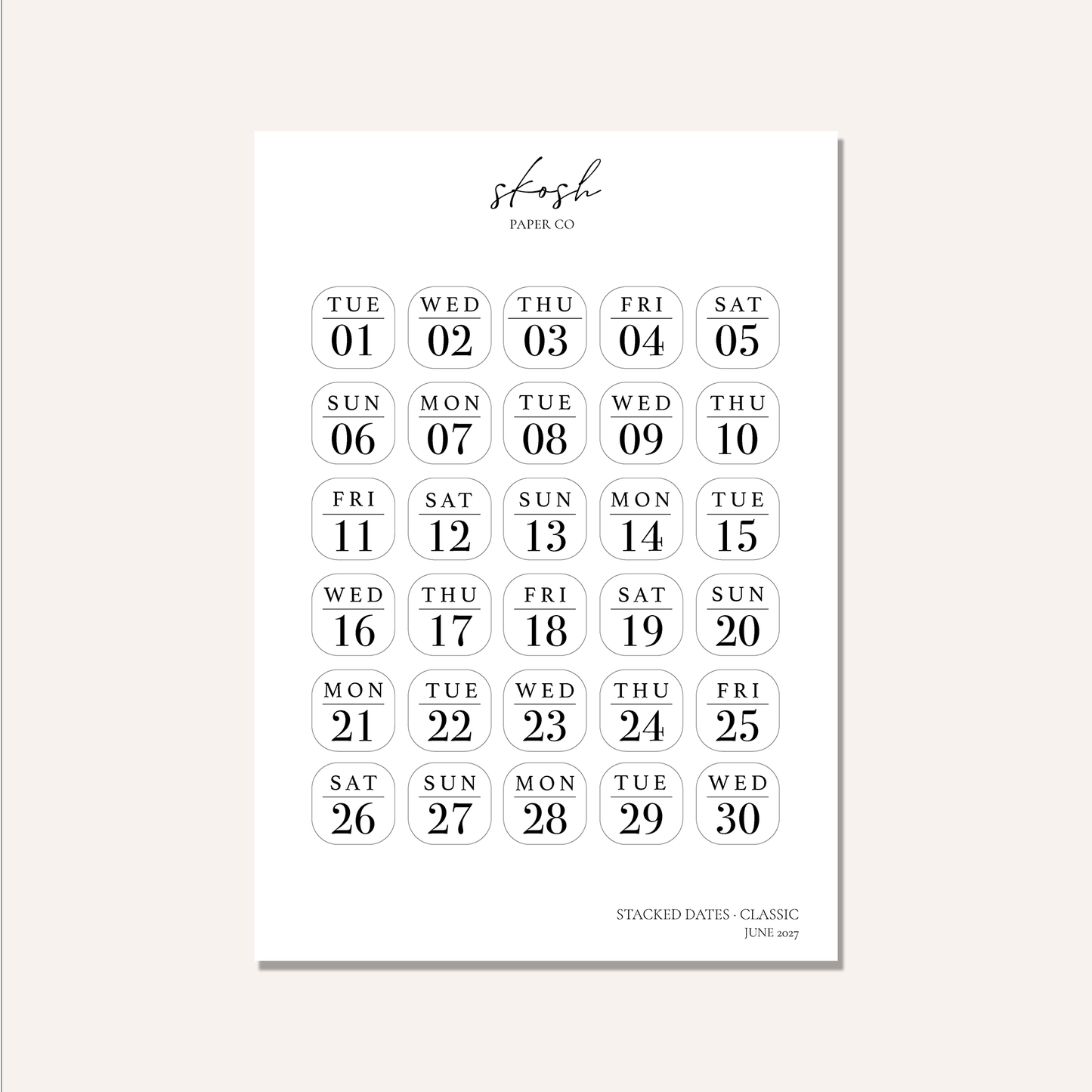 2027 Stacked Dates and Days of the Week
