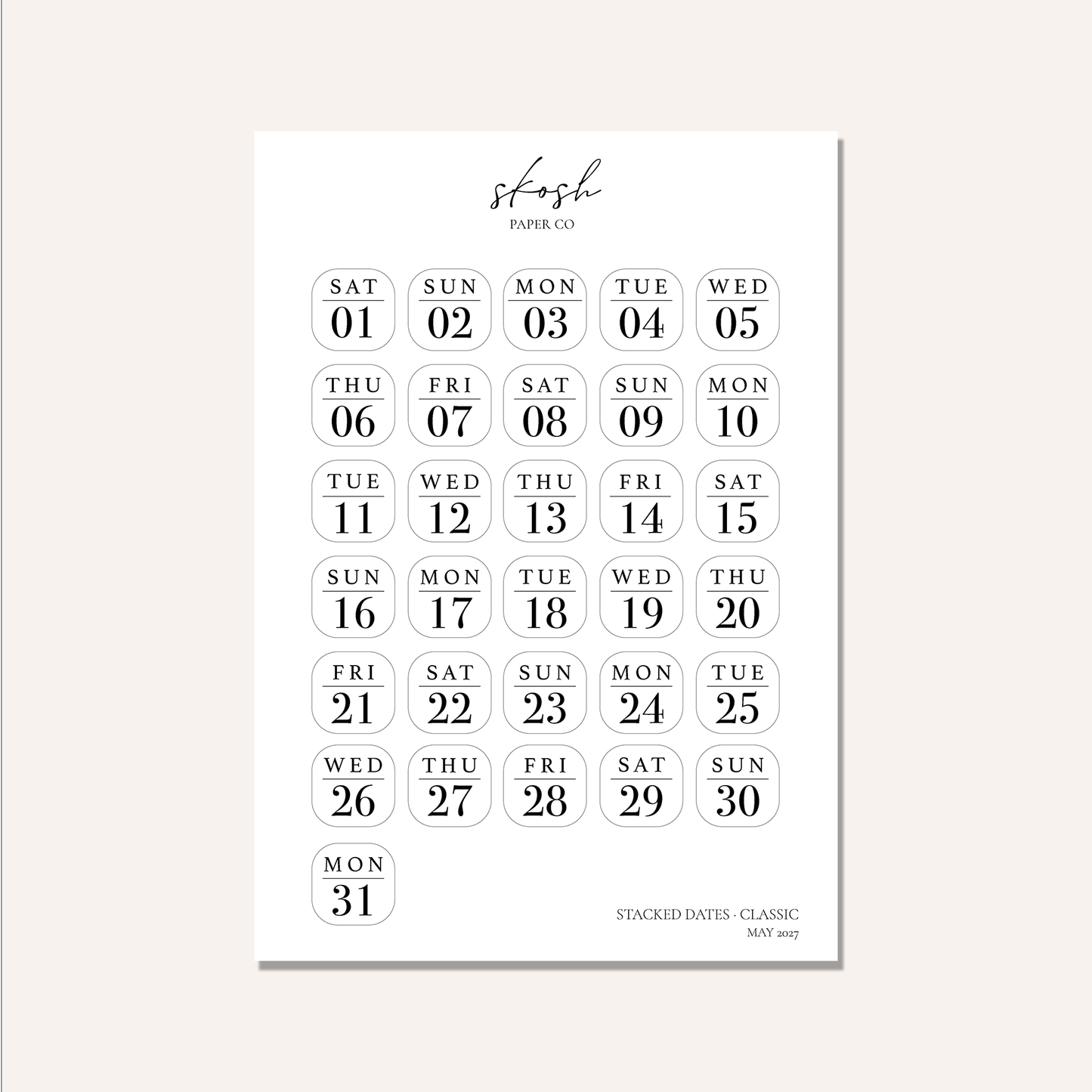 2027 Stacked Dates and Days of the Week