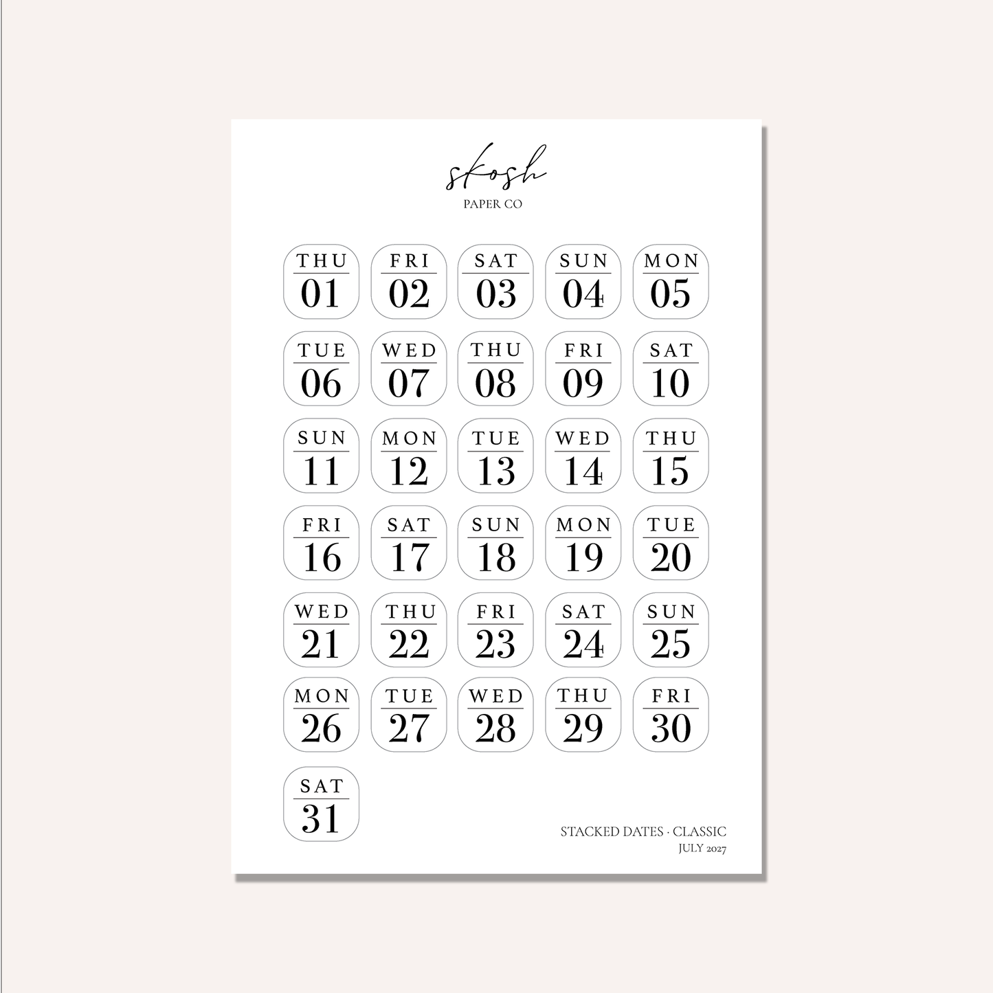 2027 Stacked Dates and Days of the Week