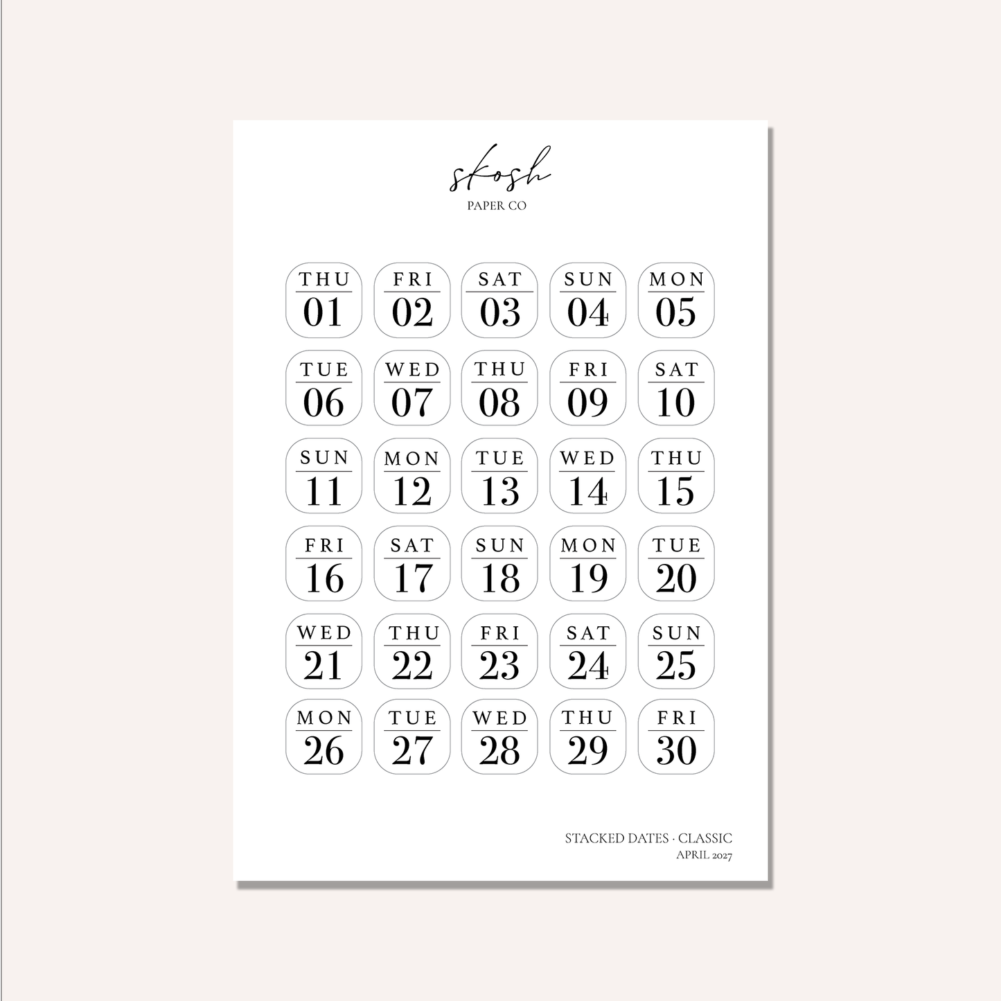 2027 Stacked Dates and Days of the Week