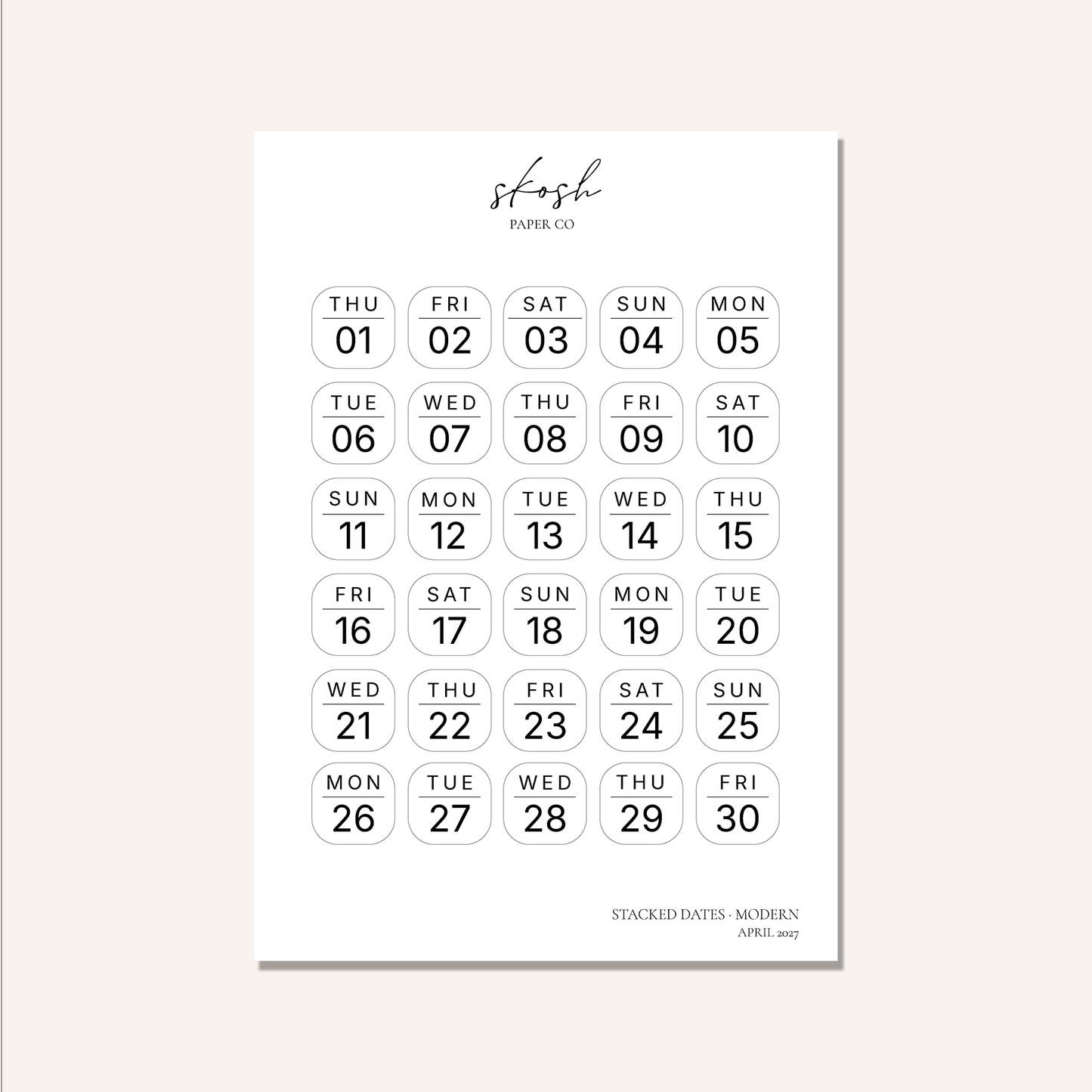 2027 Stacked Dates and Days of the Week