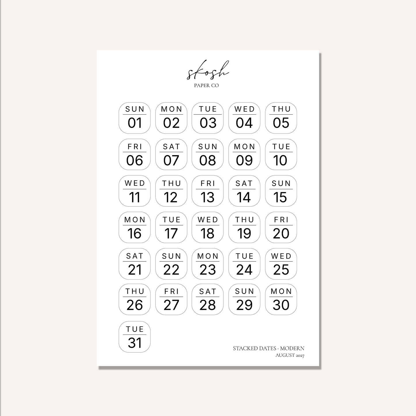 2027 Stacked Dates and Days of the Week