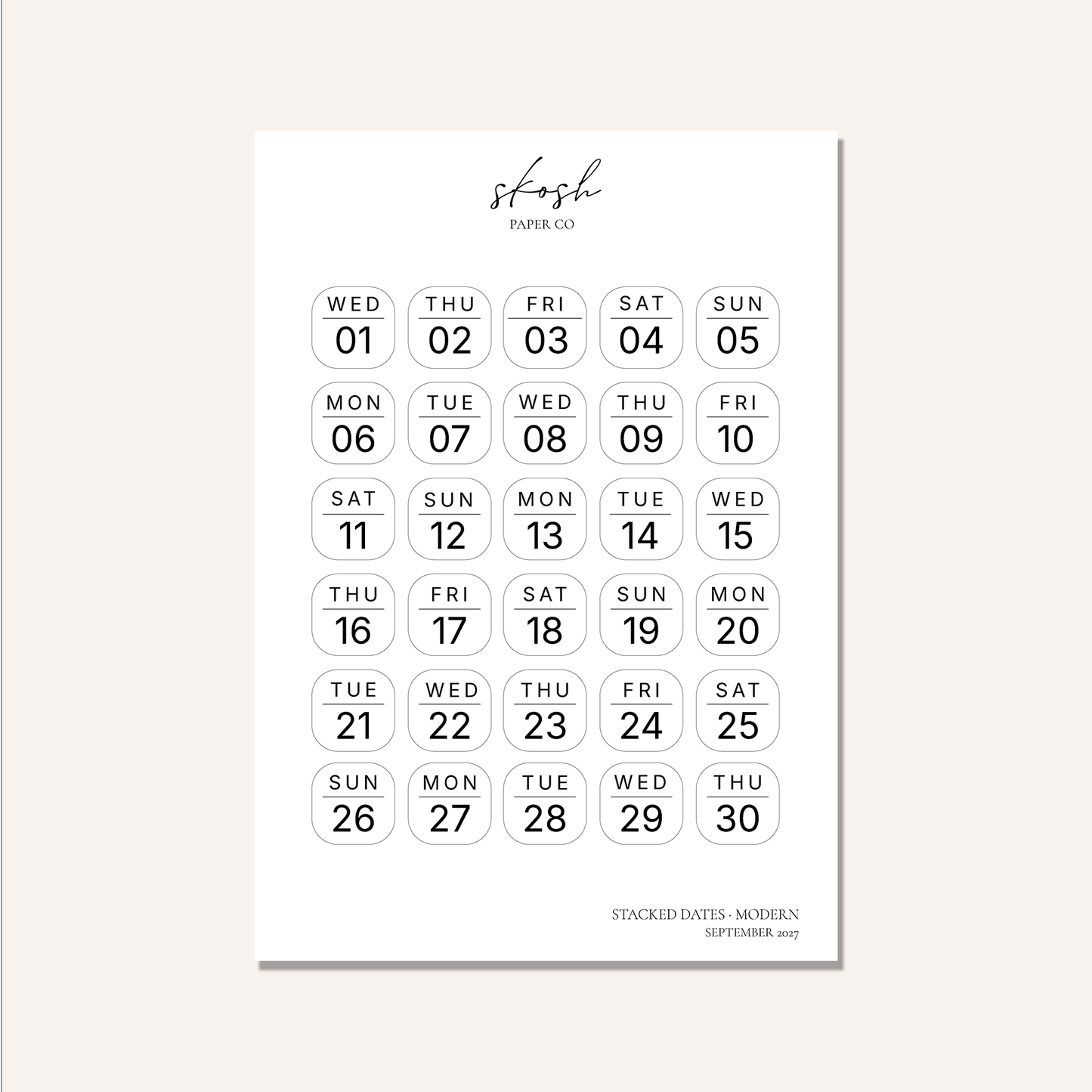 2027 Stacked Dates and Days of the Week