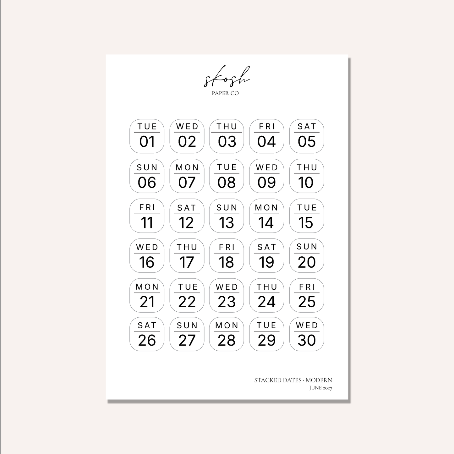 2027 Stacked Dates and Days of the Week