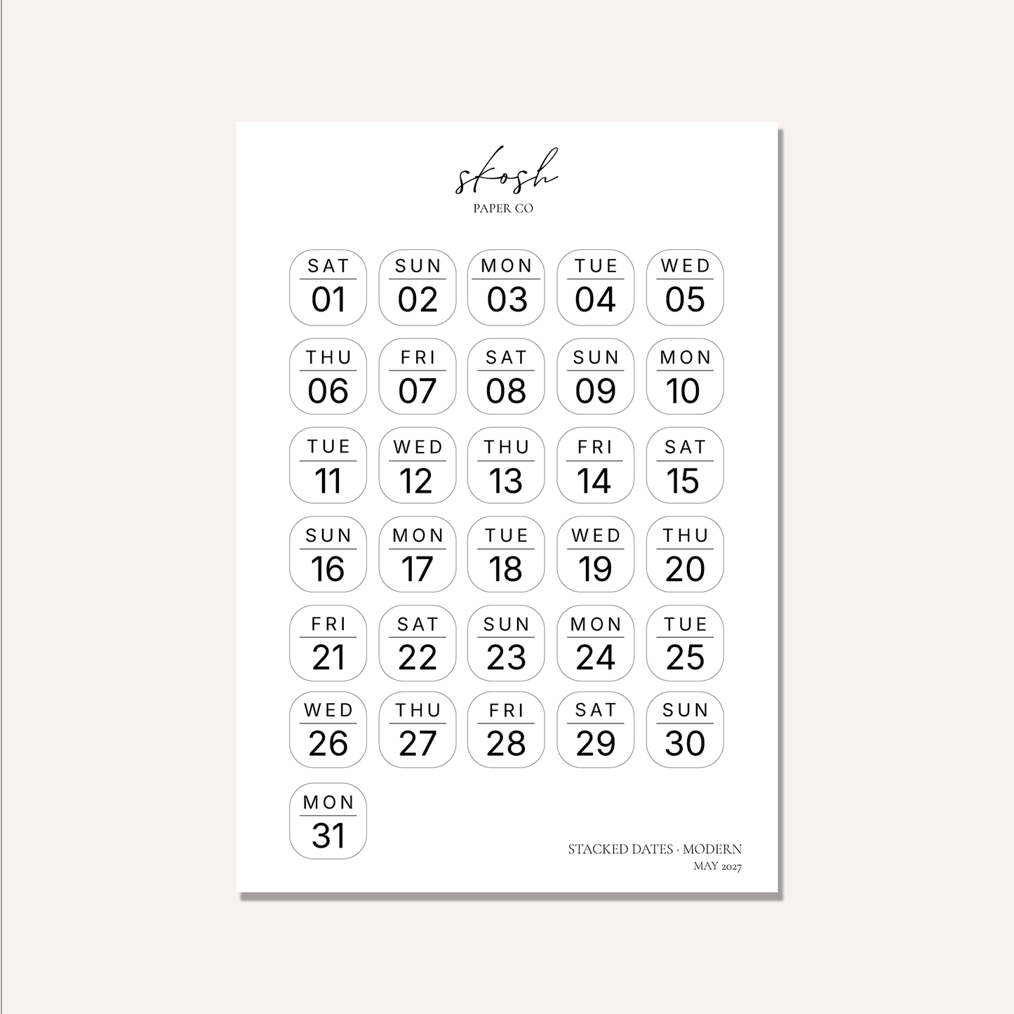 2027 Stacked Dates and Days of the Week