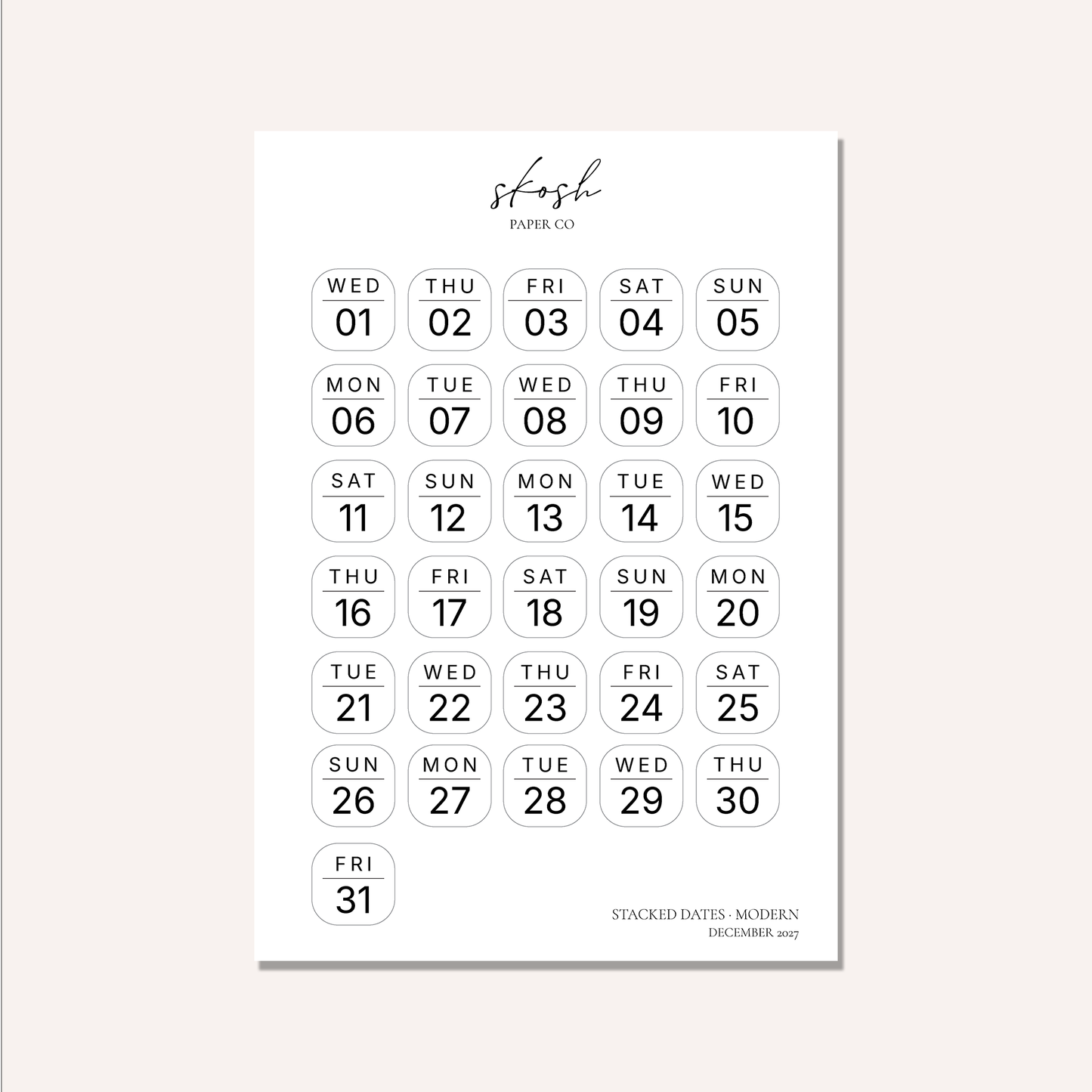 2027 Stacked Dates and Days of the Week