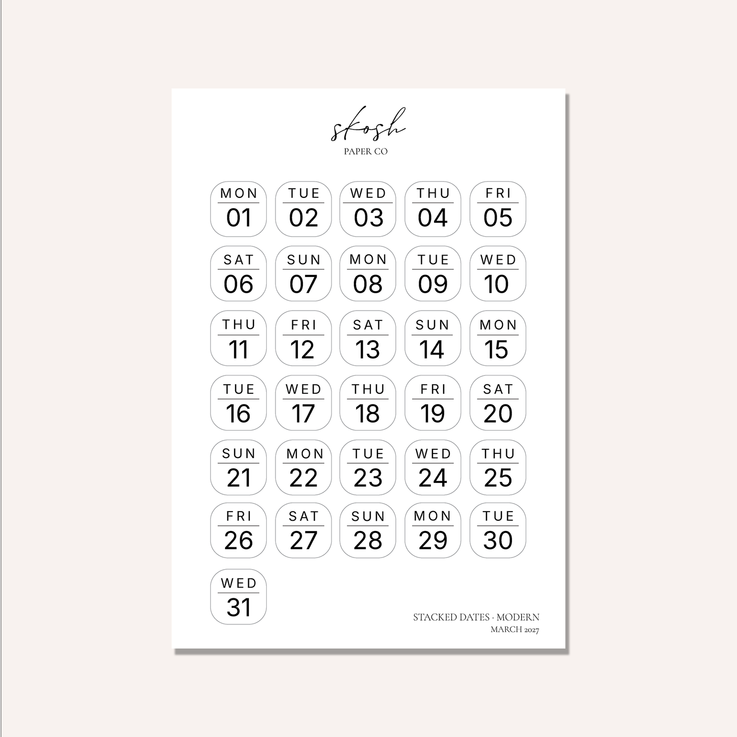 2027 Stacked Dates and Days of the Week