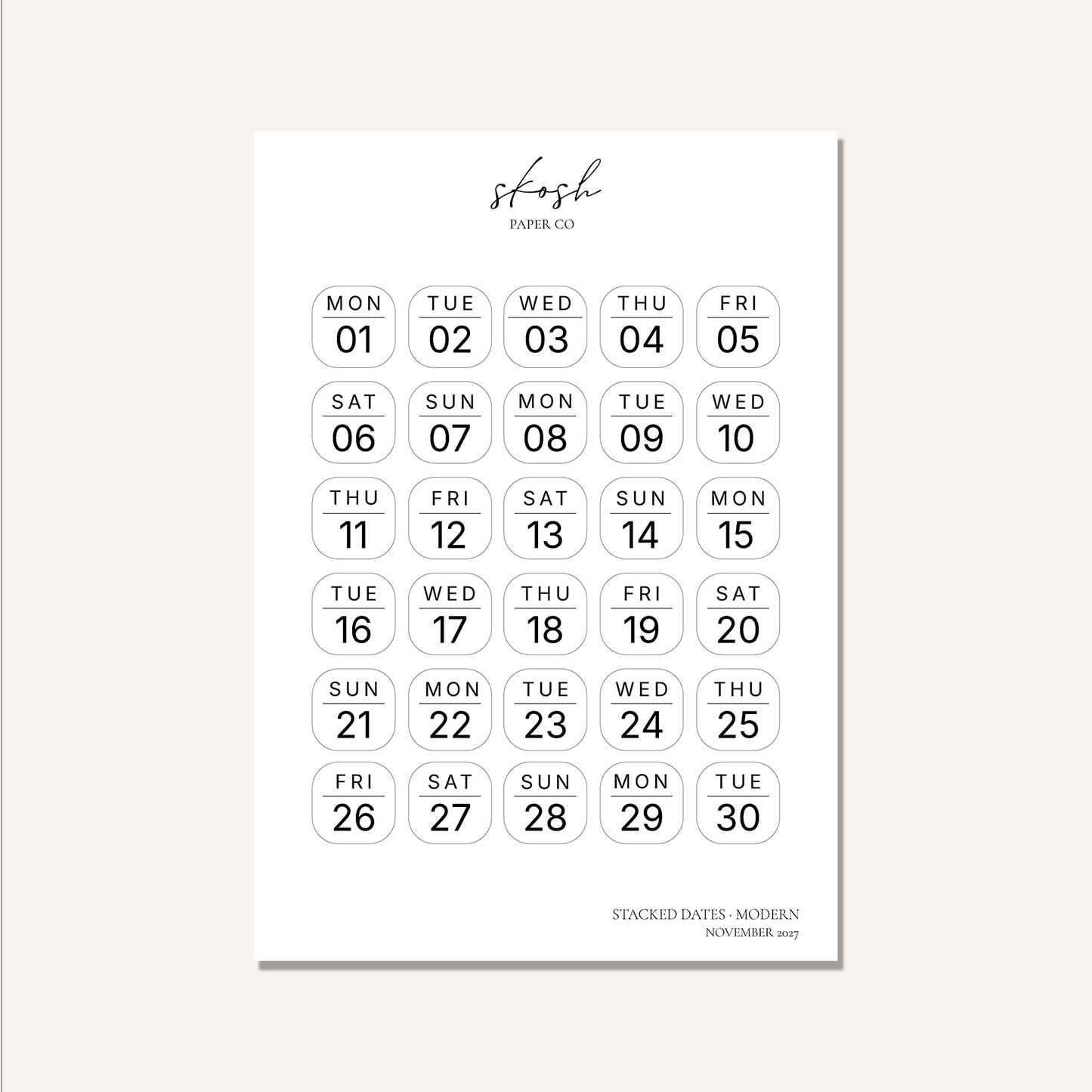 2027 Stacked Dates and Days of the Week