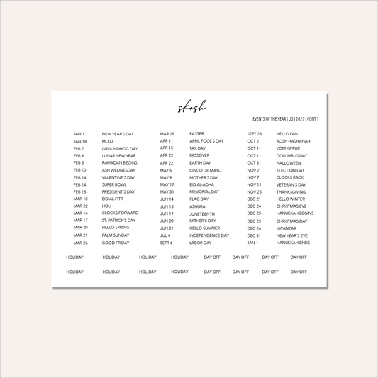 2027 Tiny Events & Holidays Stickers