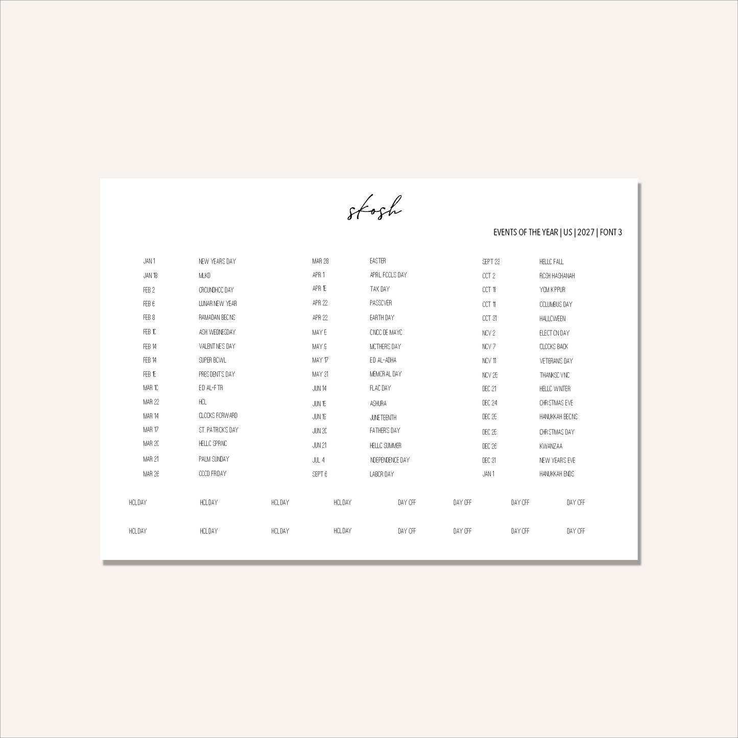 2027 Tiny Events & Holidays Stickers